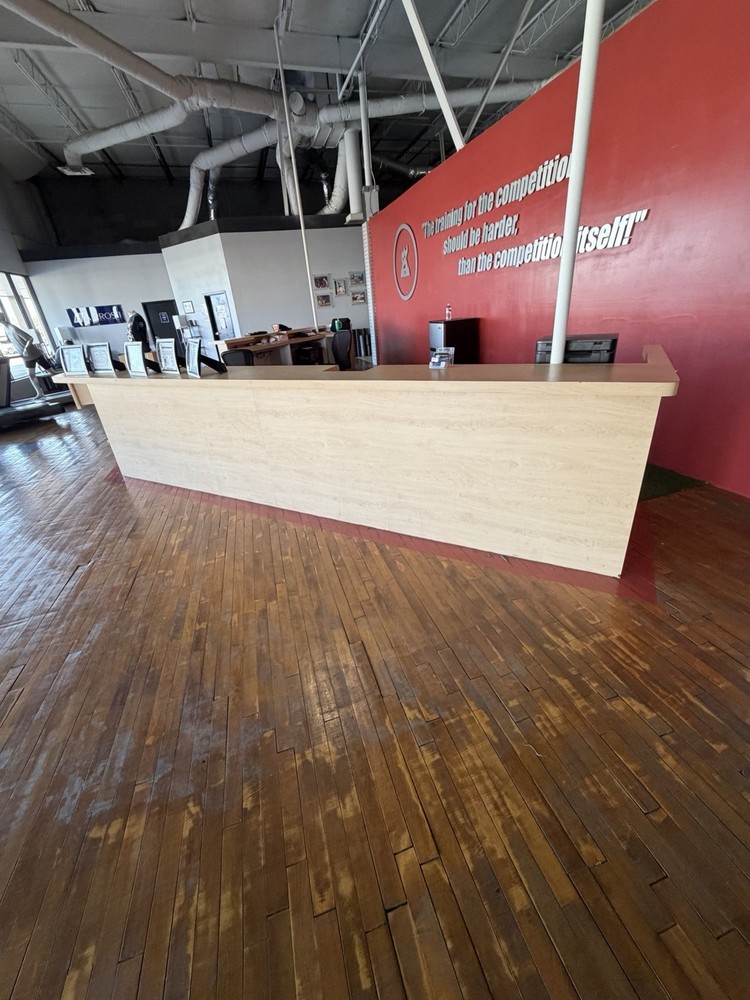 Light Wood Reception Desk with Open Storage, Multiple Workstations