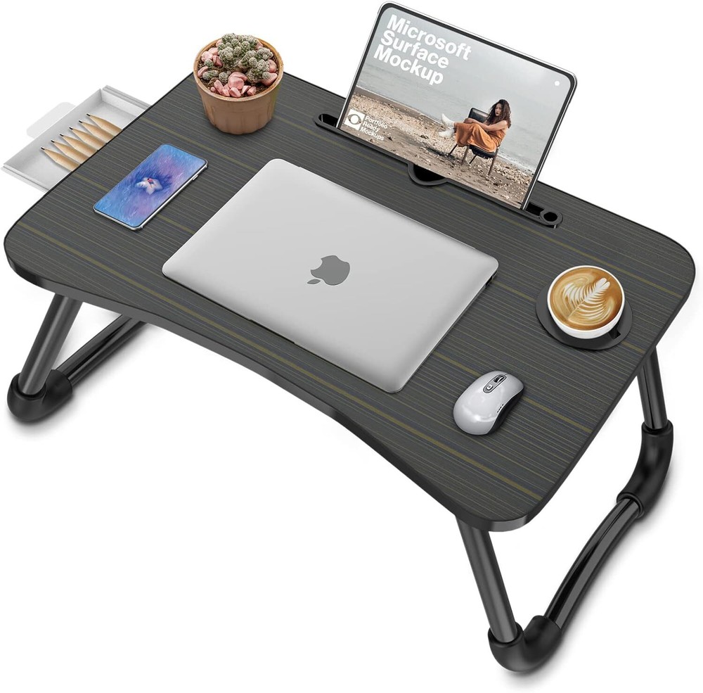 Foldable Laptop Table Lap Dining Table with Storage Drawers (Curved)