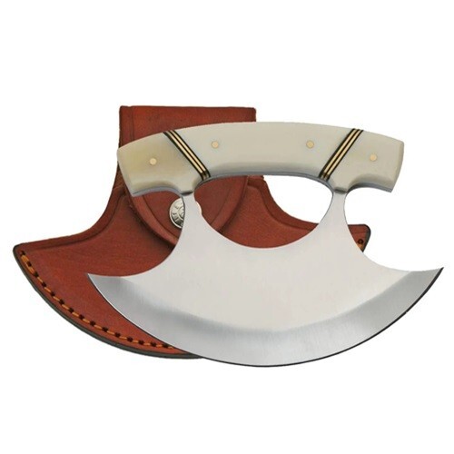 Bone Handle Crescent Blade Ulu Knife with Sheath