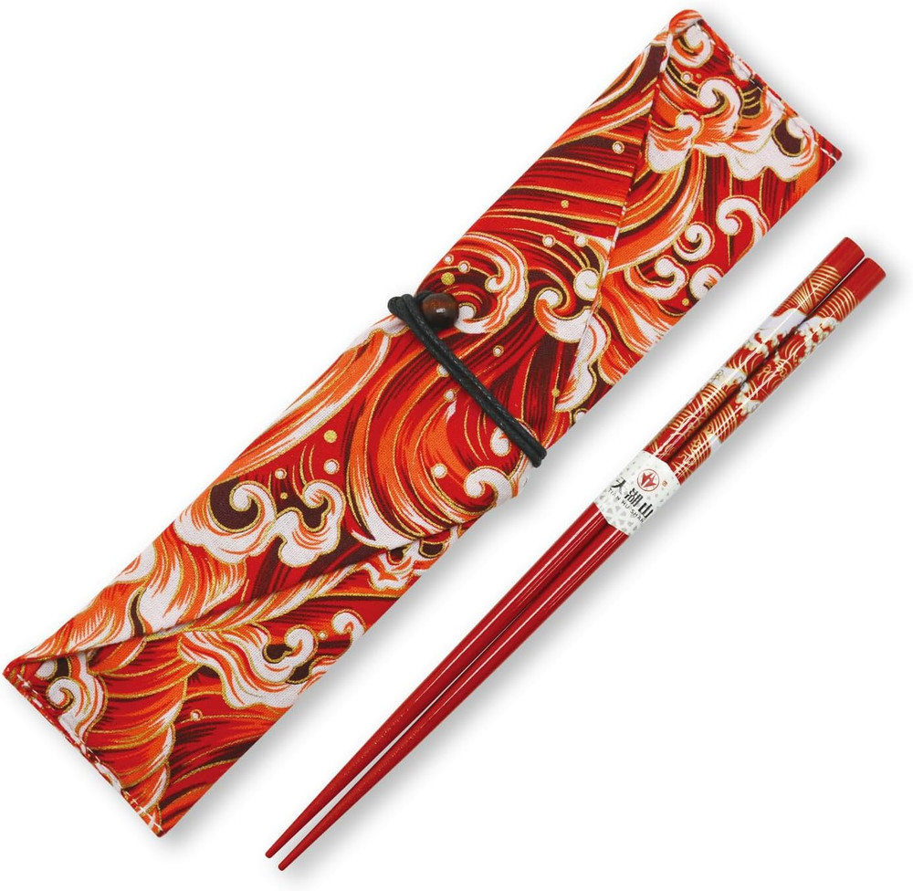Chopsticks Reusable with Case, Bamboo Chopstick Gift Set Red Ocean Wave Pattern