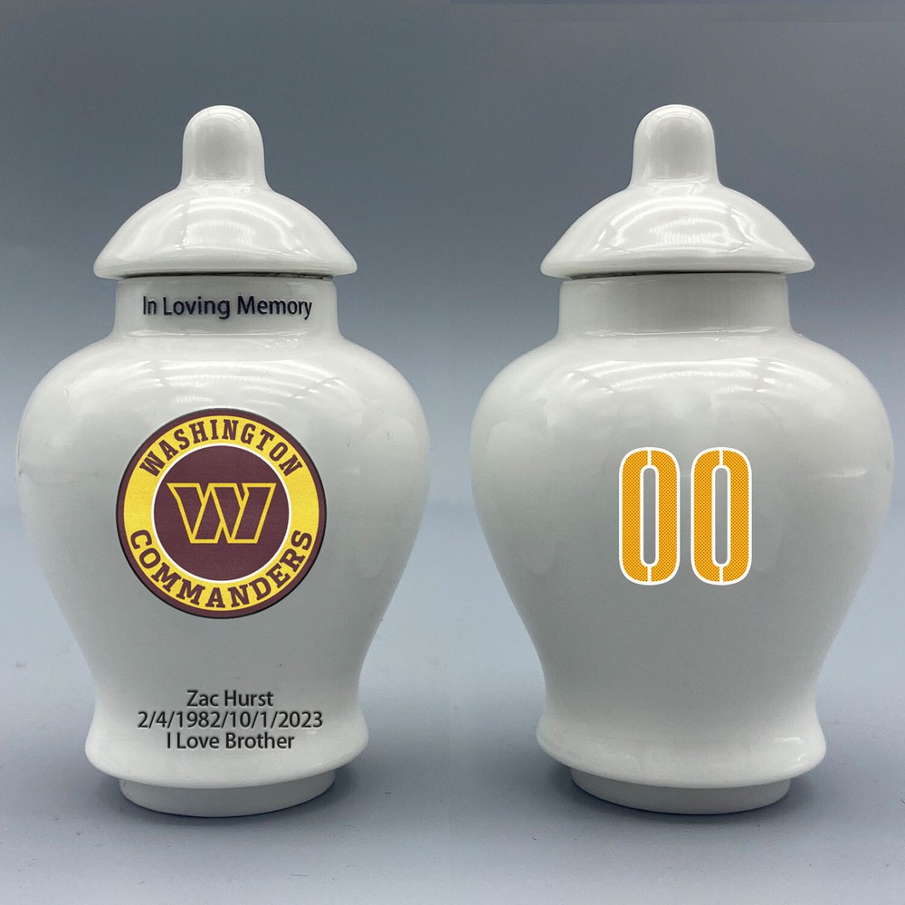 Ceramic Football Urn – Washington Commanders Theme, Custom Text & Number