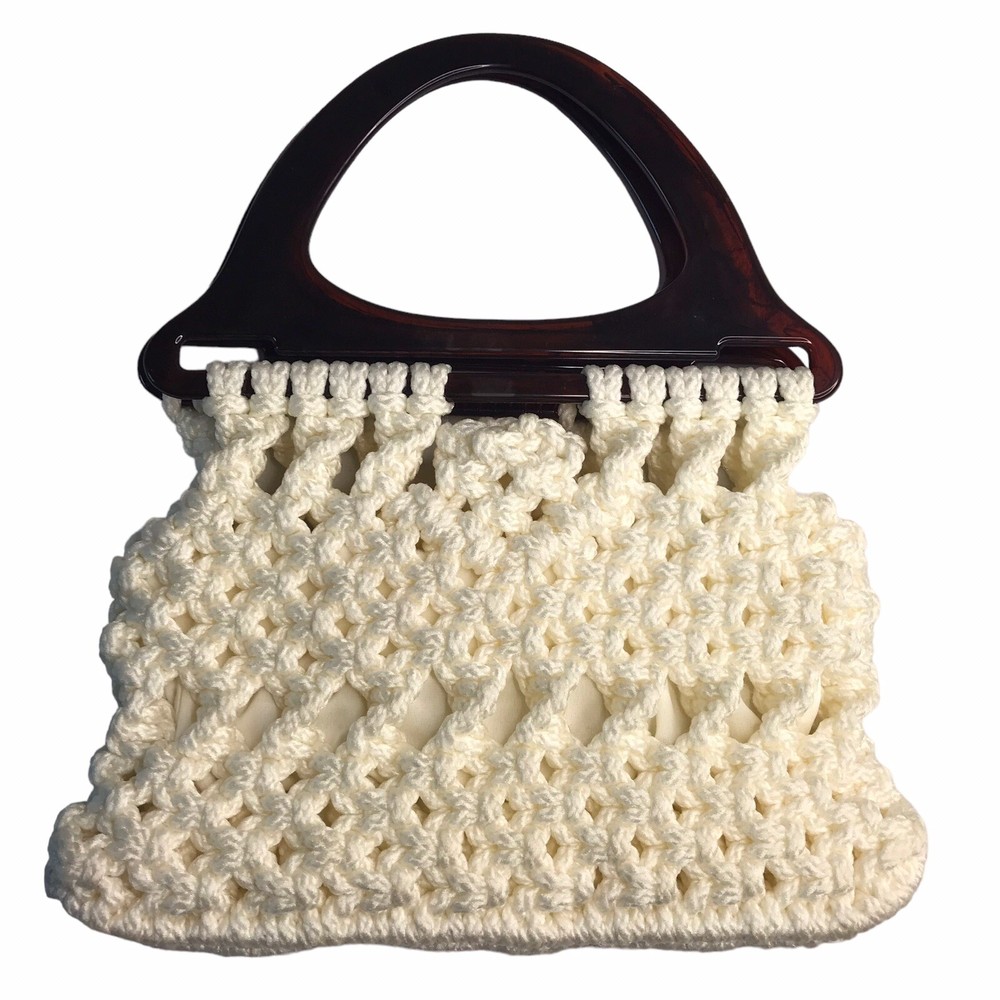 Vintage 70's Macrame Purse Ivory Plastic Handle Initials Boho Chic