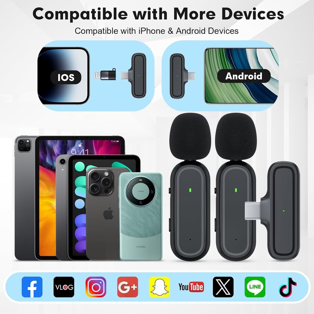 1Pack Wireless Lavalier Microphone for iPhone 15 Android 2TX+1RX & Charging Case