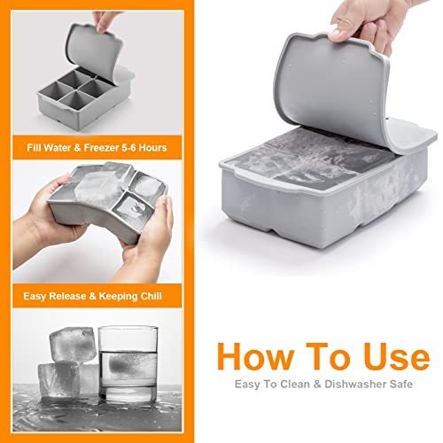 Large Ice Cube Tray with Lid, Stackable Big Silicone Square Ice Grey(1 Pack)