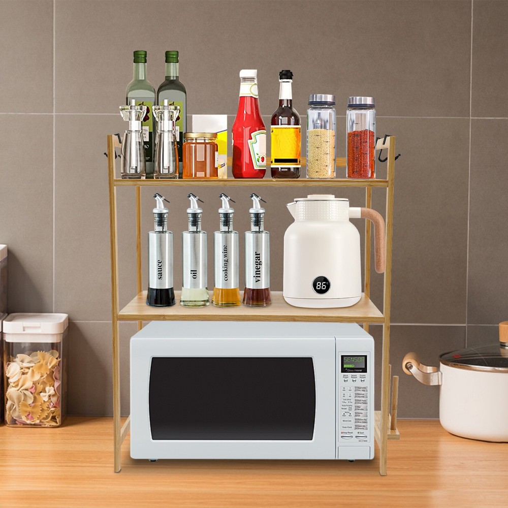 2-Tier Bamboo Kitchen Storage Rack with Adjustable Height for Organization