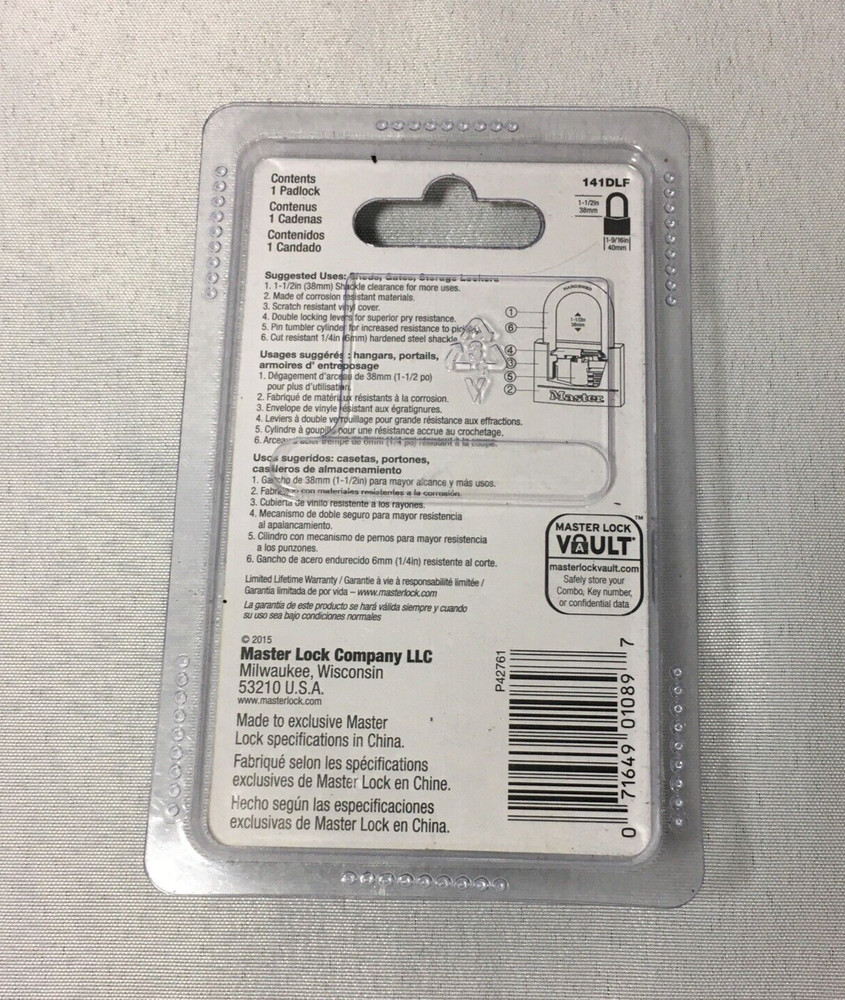 (1) Master Lock 141DLF Black Covered Solid Body Padlock, 1-1/2" Shackle, 1-9/16"