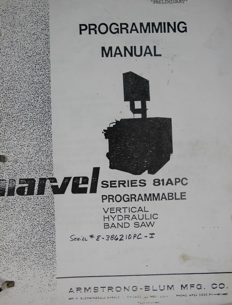 Marvel  Bandsaw 81 PC Processor Programming  Manual Year 1985