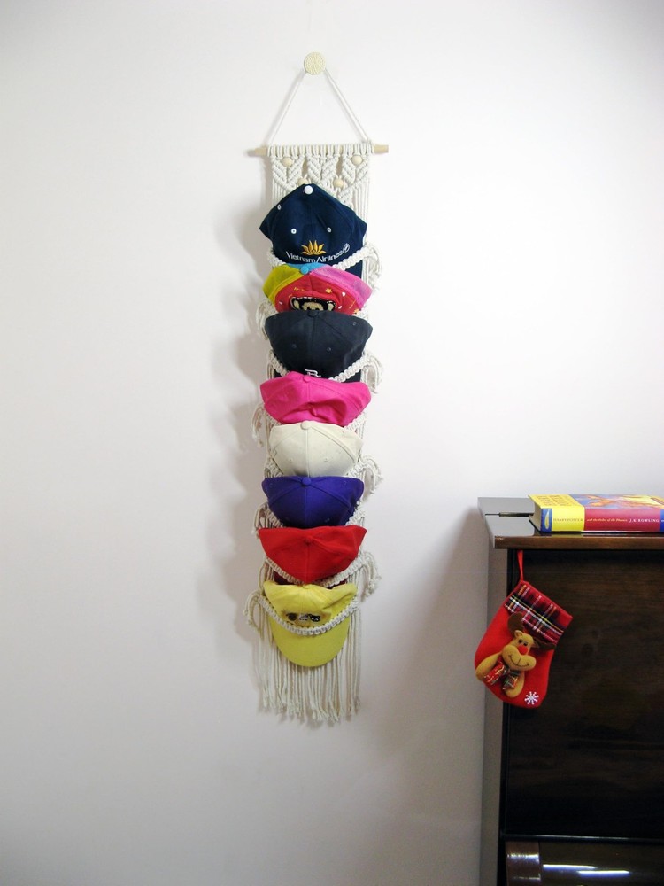 8-Tier Macrame Baseball Cap Organizer With Boho Hooks—Handwoven Boho Cap Hold...