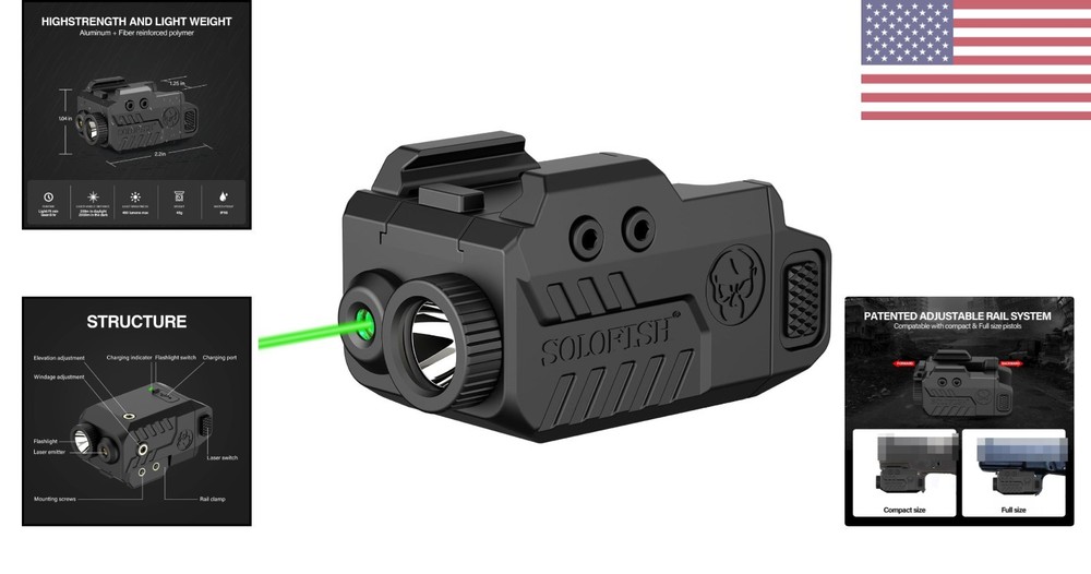Shockproof Handgun Flashlight with Adjustable Green Laser - Perfect for Hunting