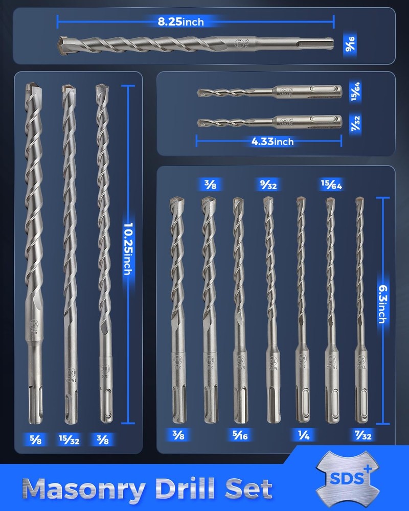 COMOWARE Rotary Hammer Drill Bits Set & Chisels- SDS Plus Concrete 17CS