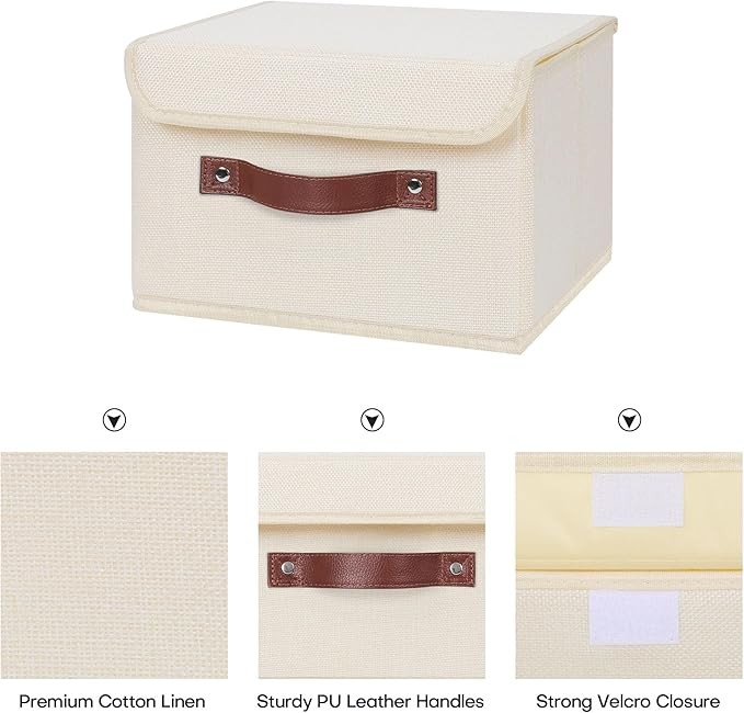 Storage Bin Lid PU Leather Handle Foldable Cotton Linen Beige Small