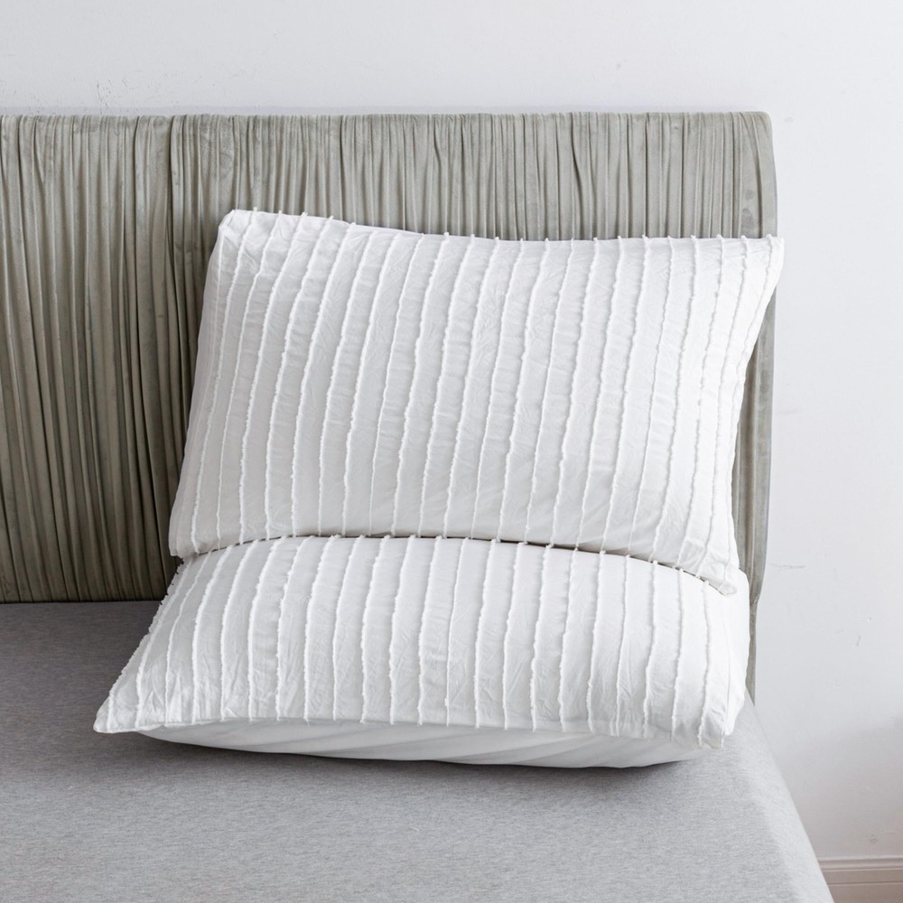 2 Pack Bright White Pillowcases Queen Size Soft Microfiber Striped Tufted Pil...