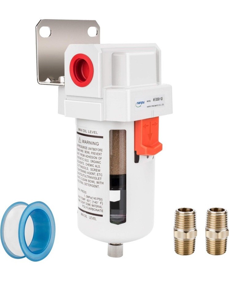 3/8" Npt Compressed Air Line Filter 5 Micron Brass Element Bracket Poly Bowl 145