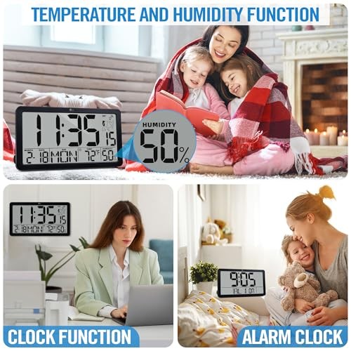 Atomic Digital Wall Clock, Battery Operated with Temperature & Black -Atomic