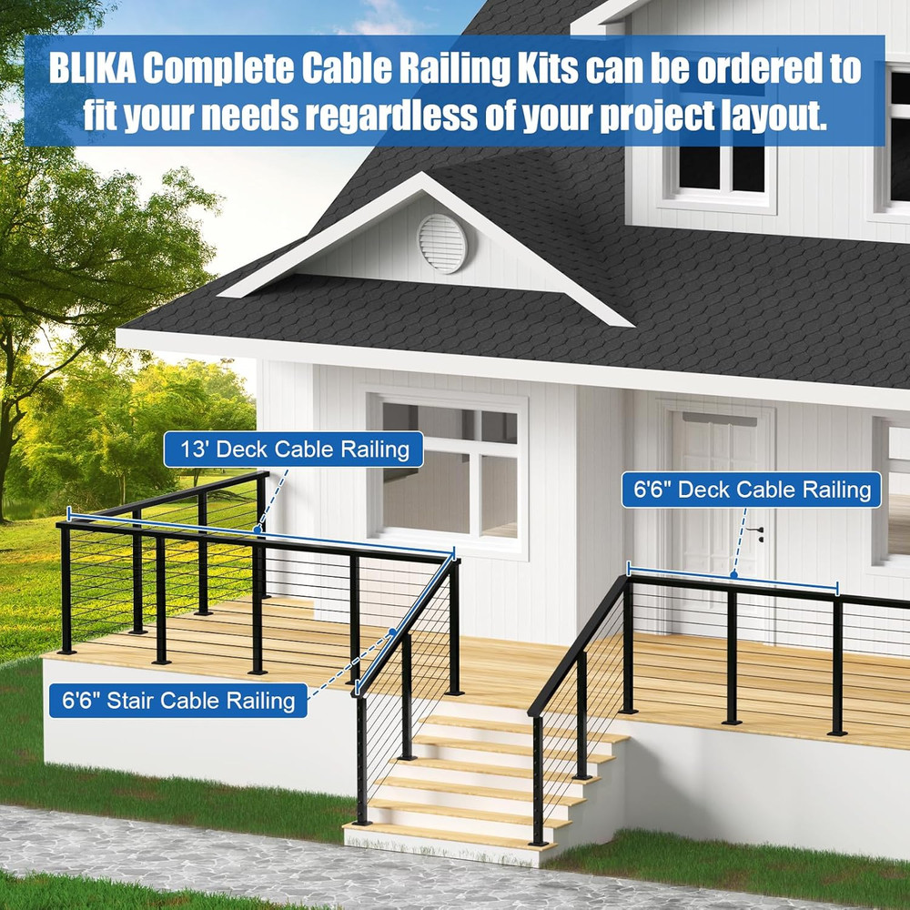 36" Black Stainless Steel Cable Railing Post Kit - Surface Mount System