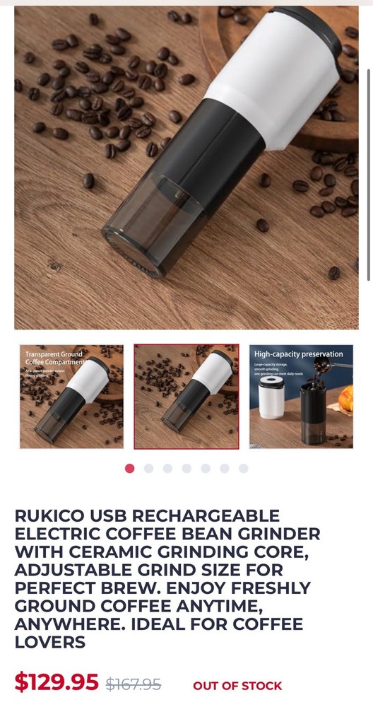 Rukico USB Rechargeable Coffee Bean Grinder With Adjustable Grind Size