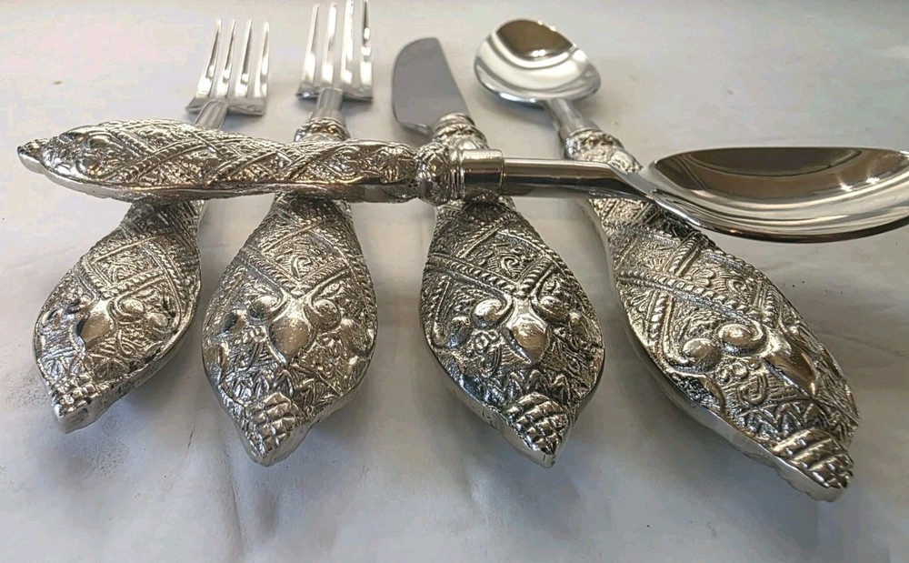 INDIA Stainless Flatware 5 Piece Place Setting Ornate "Chunky" Handle Unbranded