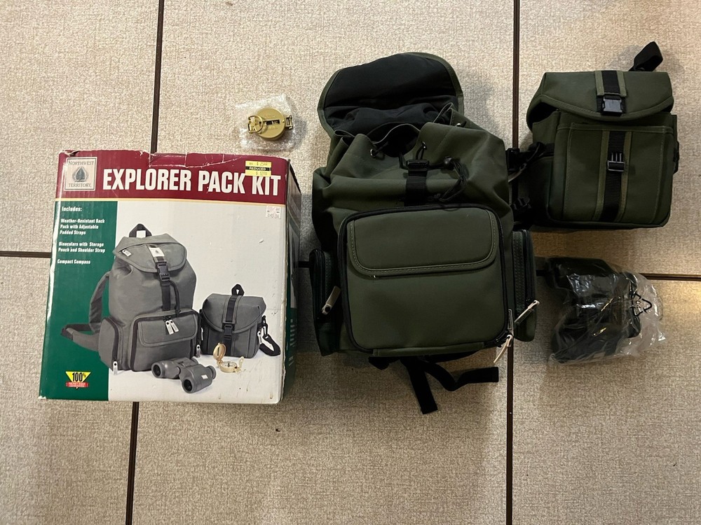Vntg Northwest Territory Explorer Pack Kit Box Binoculars Compass Backpack Set