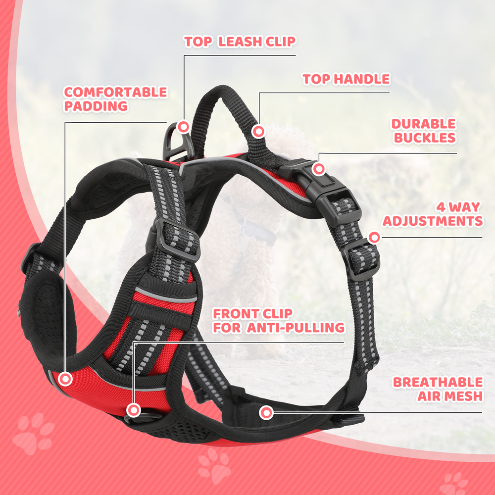 Soft No Pull Dog Pet Harness Reflective Strips Breathable Mesh Vest Red w/Handle
