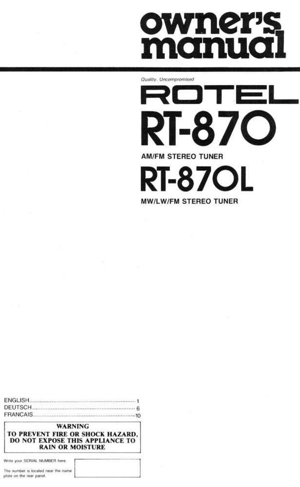 Rotel RT-870L Tuner Owners Manual