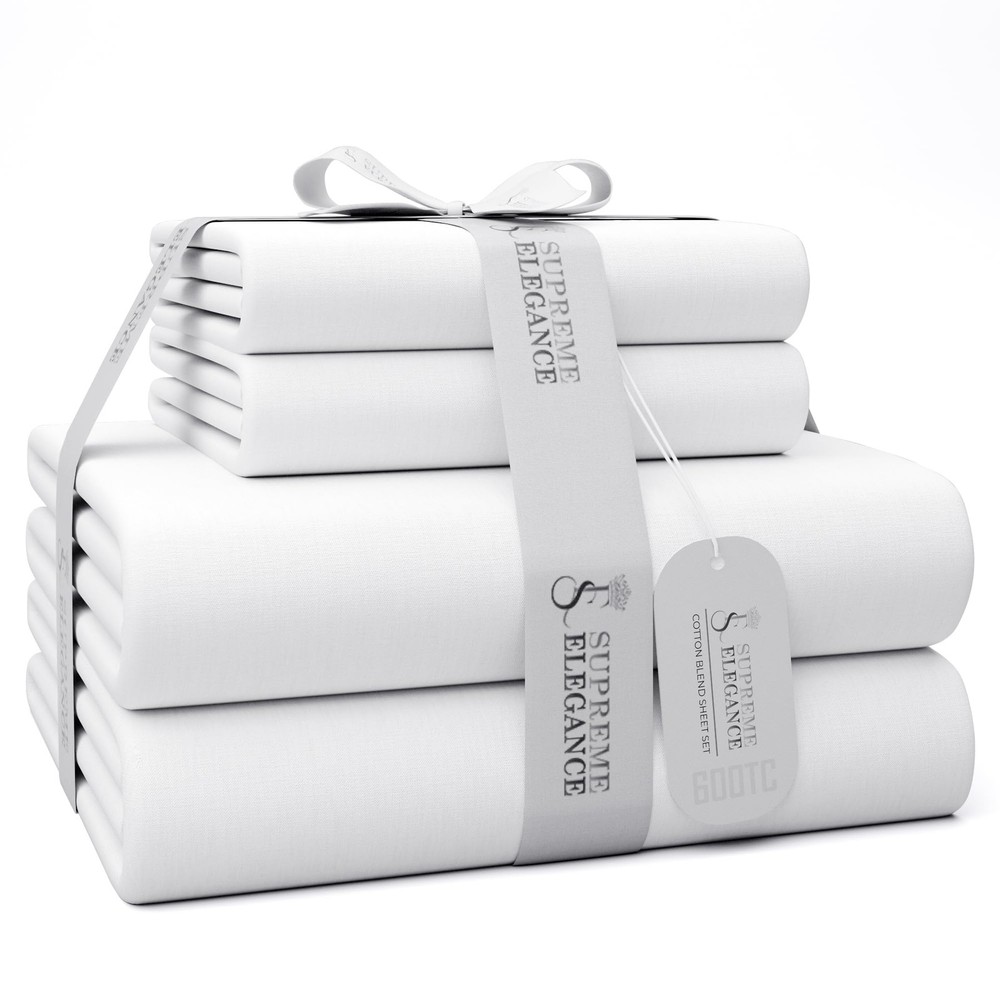 600 Thread Count Queen Bed Sheets Arctic White, Cotton Rich Sateen Weave Easy...