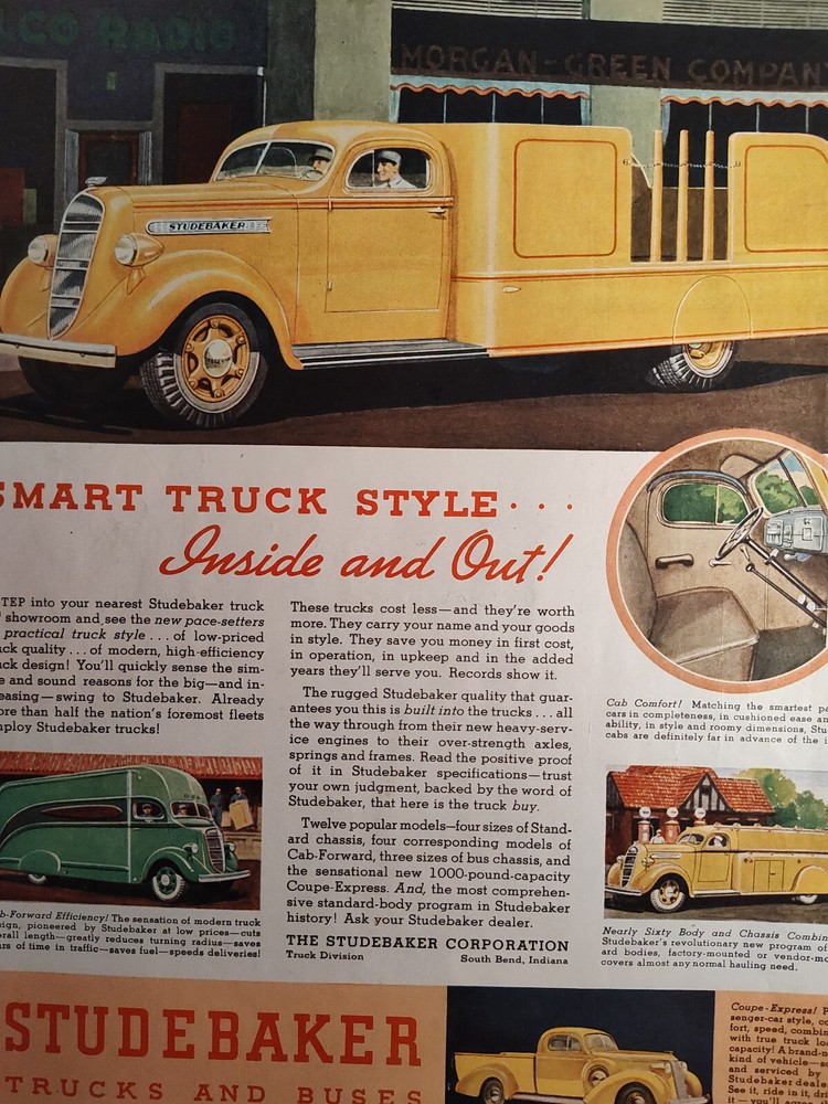 1937 Saturday Evening Post Ad STUDEBAKER Trucks! Smart Style Inside and Out!