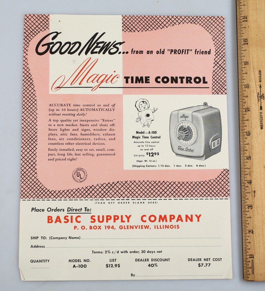 Vintage Basic Supply Co. Magic Time Control Order Form Glenview Illinois