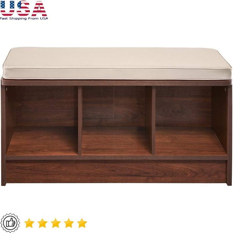 Multi-Functional 3 Cubbies Storage Bench W/ Cushions Home Organization New