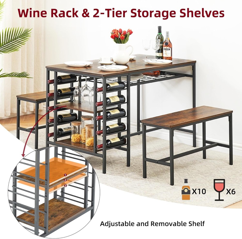 Dining Table Set for 4, Rectangular Table with Wine Rack,Storage Shelf,2 Benches