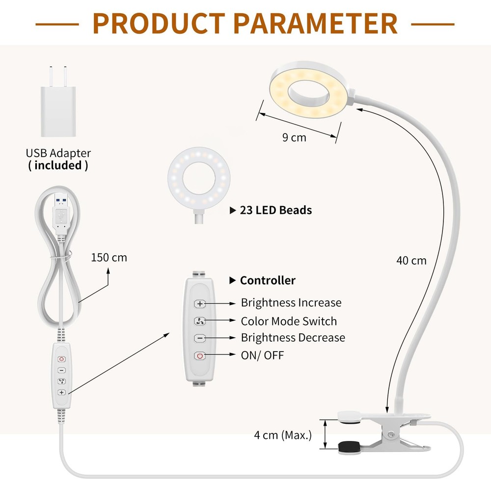 Reading Light USB Clamp Lamp LED Adjustable Gooseneck Bedside Study Lamp White