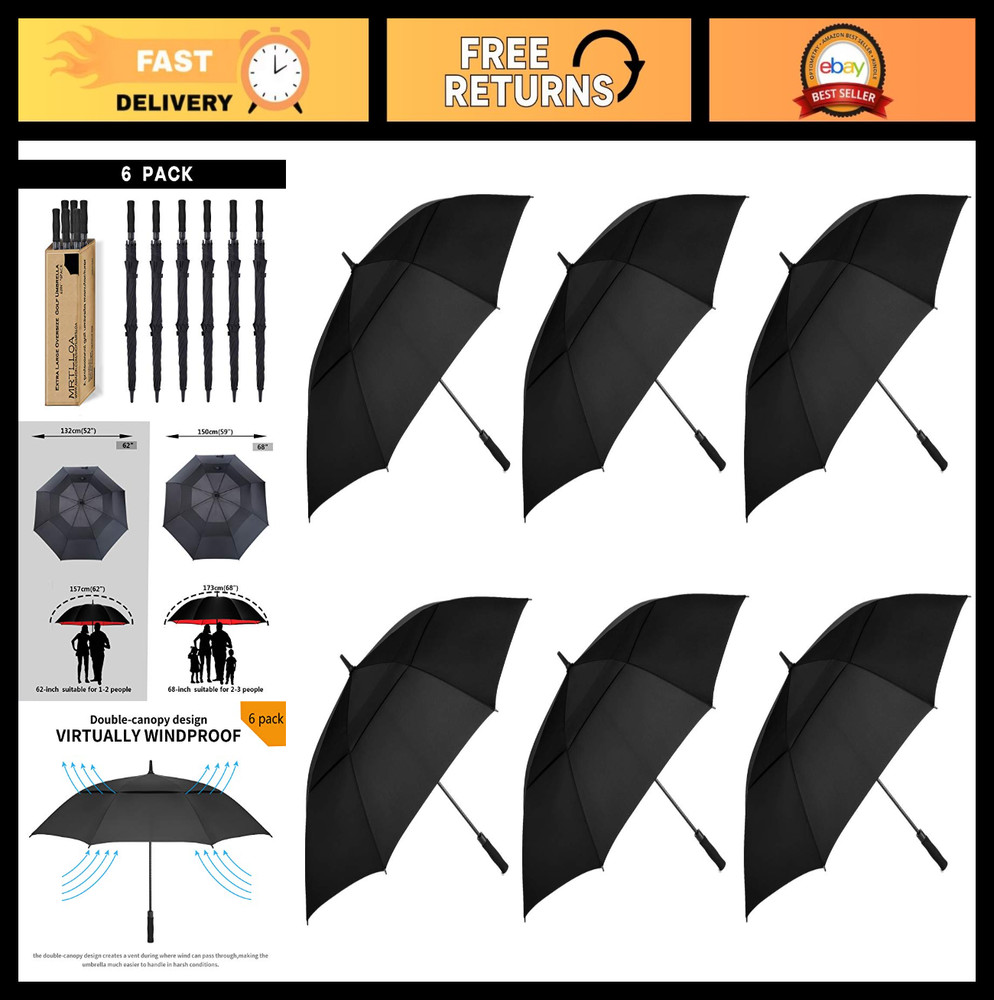 6 Pack Golf Umbrellas 62/68 Inch Large Double Canopy Vented Automatic Open Stick