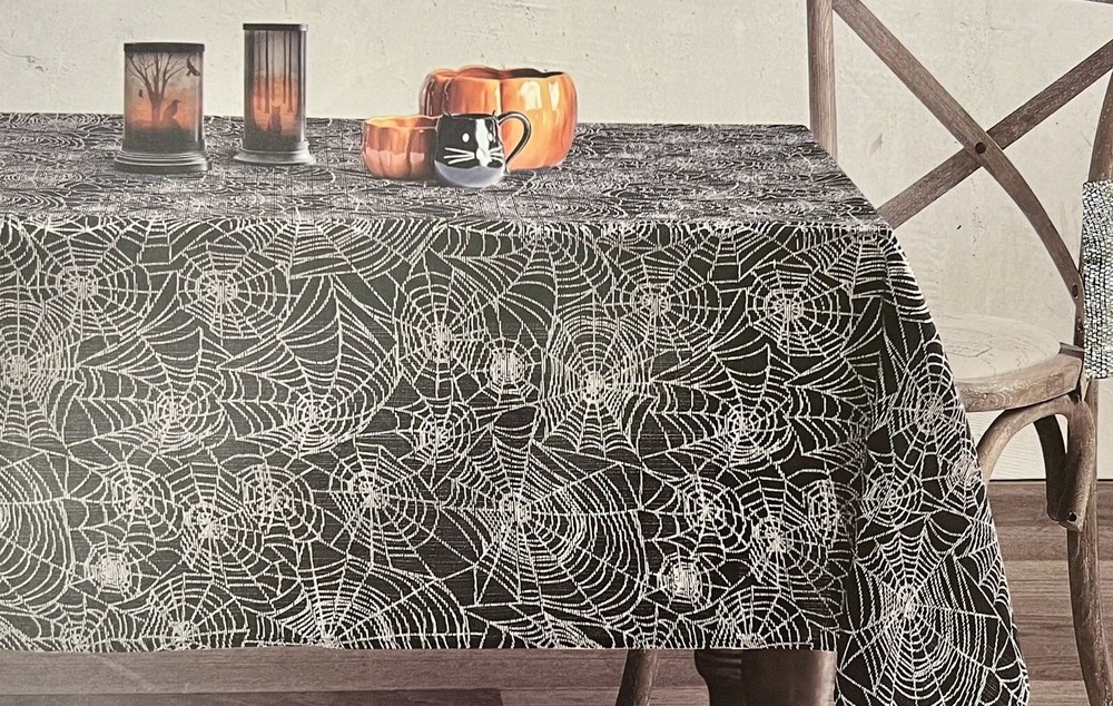 October Sky Halloween Metallic Silver Spiderweb Cloth Tablecloth 60” X 84”