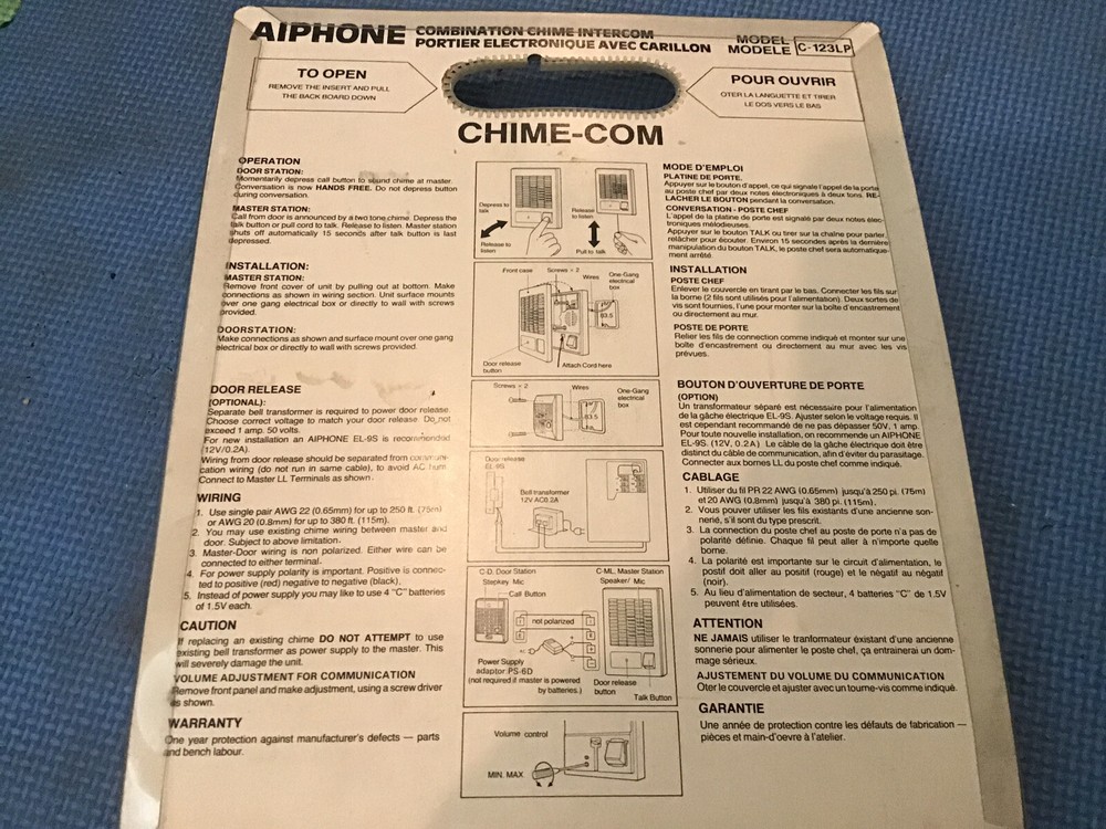 Aiphone C-123LP Package C-ML/A Master Intercom PTT Chime-Com NEW NOS SEALED