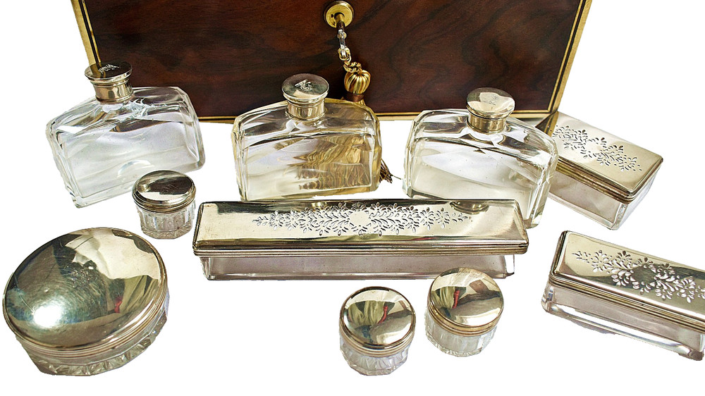 Late Georgian Dressing Box containing Silver plated Jars & Containers + Key