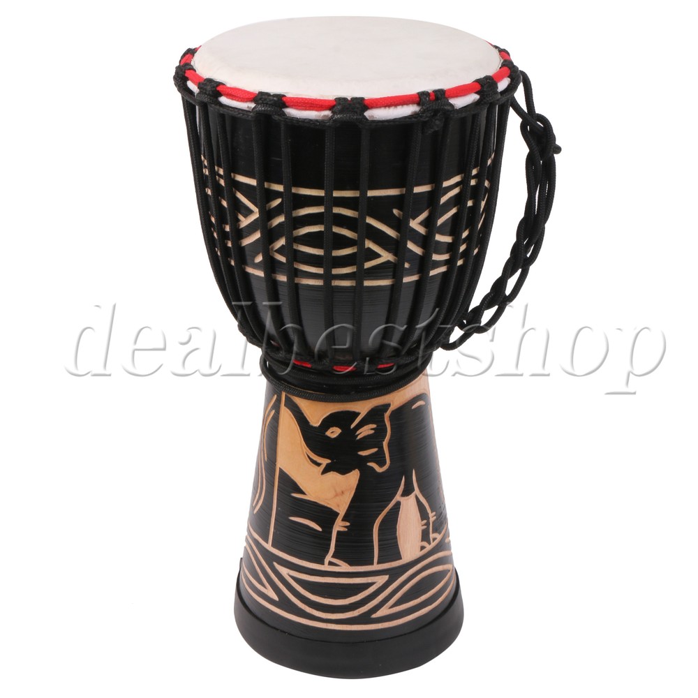 African Djembe Drum Bongo Musical Instrument Black Elephant Pattern 8"