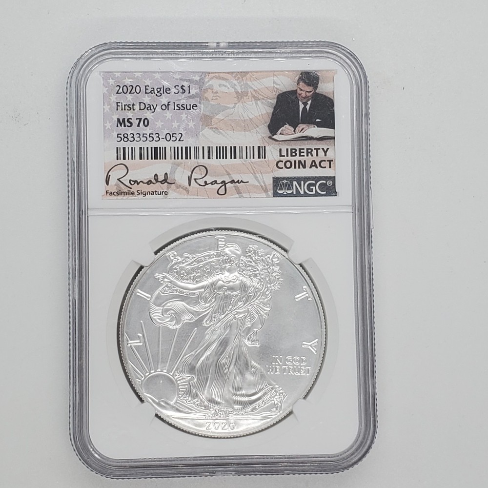 2020  SILVER  NGC EAGLE MS 70 FIRST DAY ISSUE LIBERTY COIN ACT RONALD REIGAN