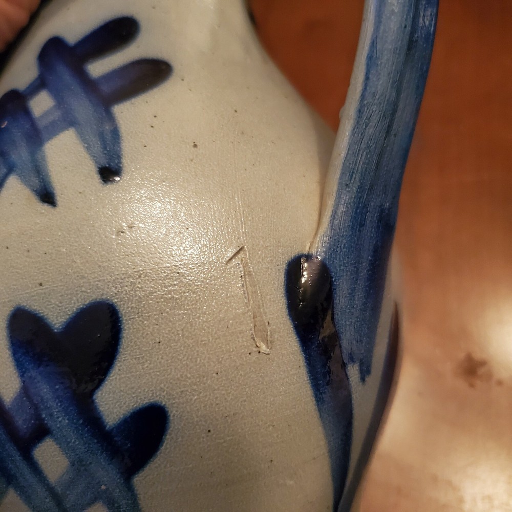 Vintage Salt Glazed Blue Handpainted Pitcher 7.25"