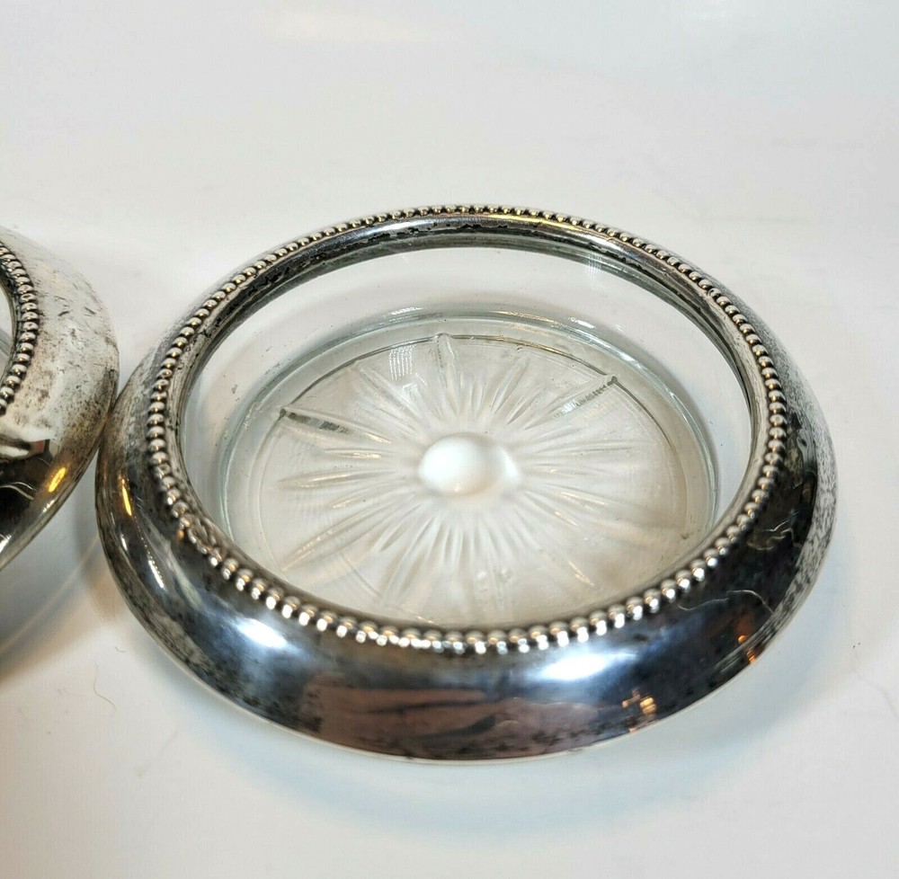 2 Vintage Beaded Trim Sterling Silver Crystal Coasters