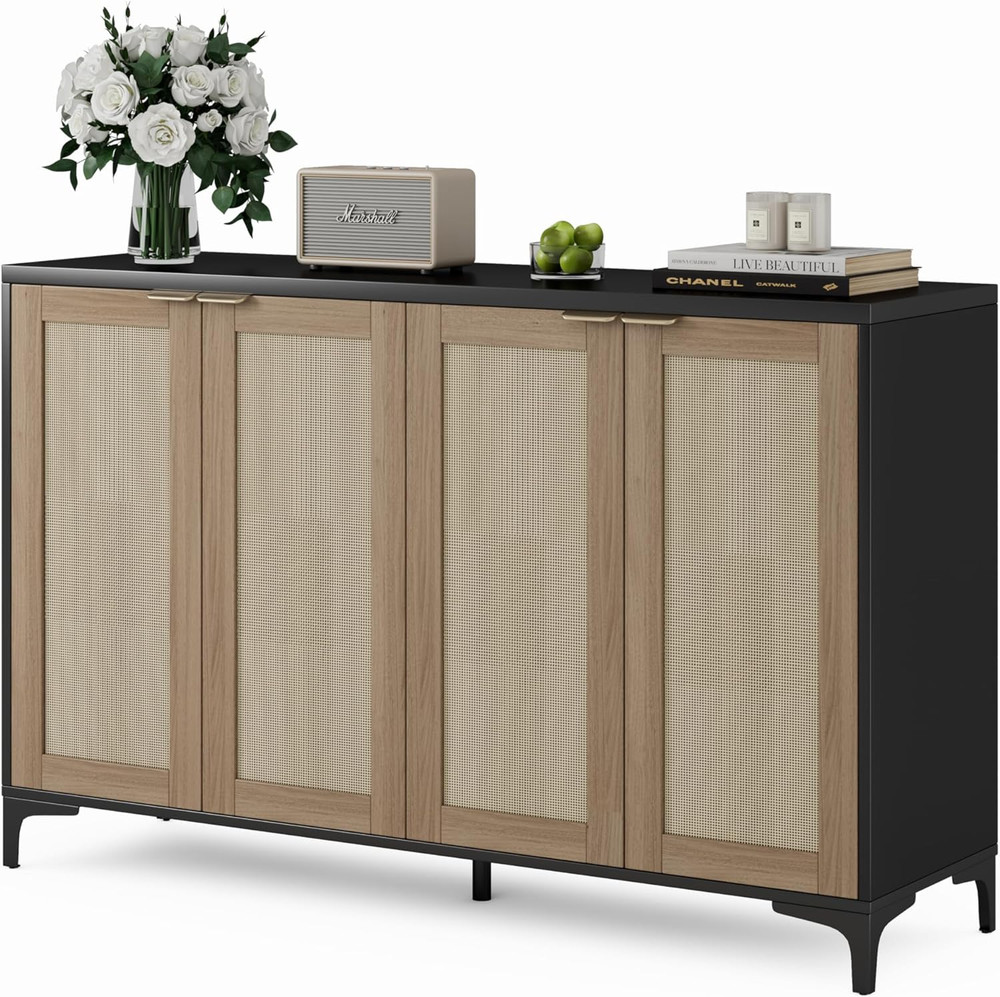 Stylish Black Rattan Sideboard Buffet Cabinet with Adjustable Shelves