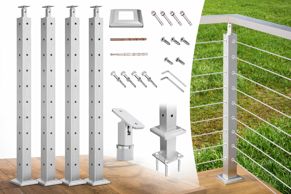 Fulifix 36" Silver Cable Railing Post, Stainless Steel Level Railing Post