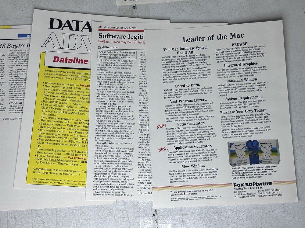 1989 FoxBASE+ Mac PC Price List Promo Pack Fox Software Database History