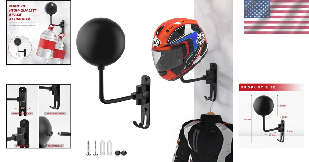 Space-Saving Wall-Mounted Helmet Holder - 180° Rotation for Easy Storage
