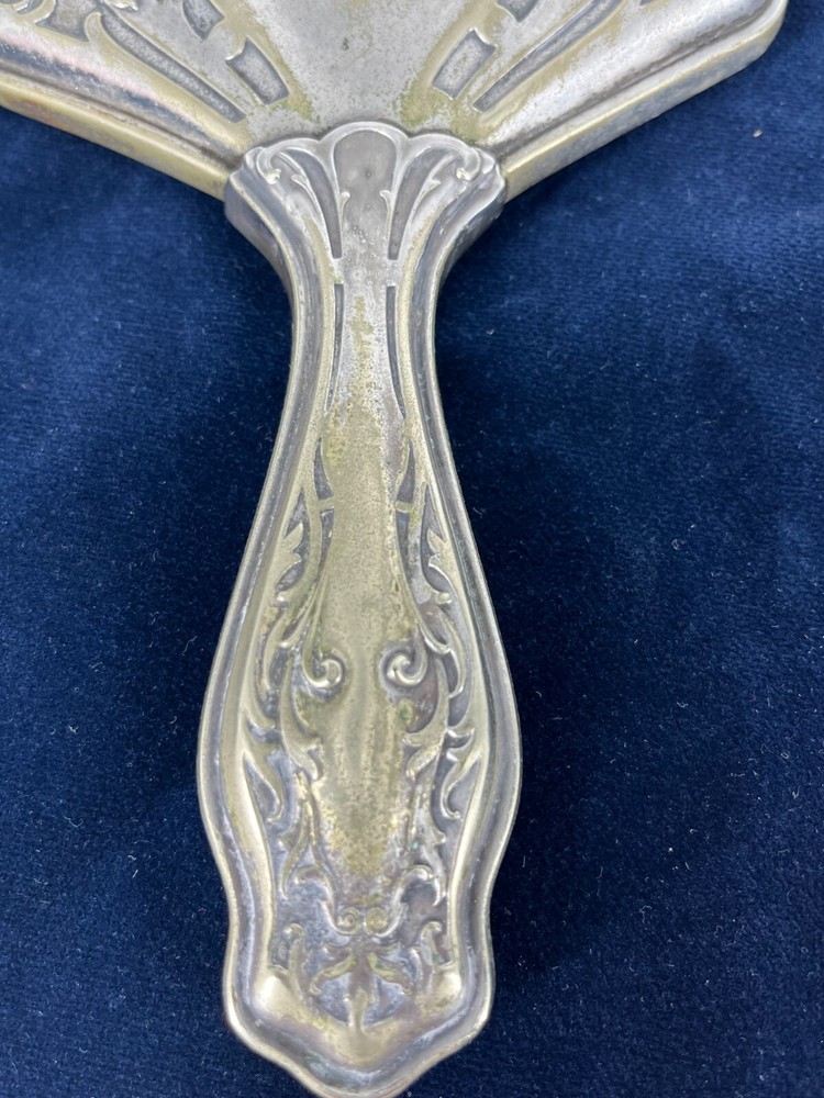 Handheld Glass Mirror Antique G Silver German Silver