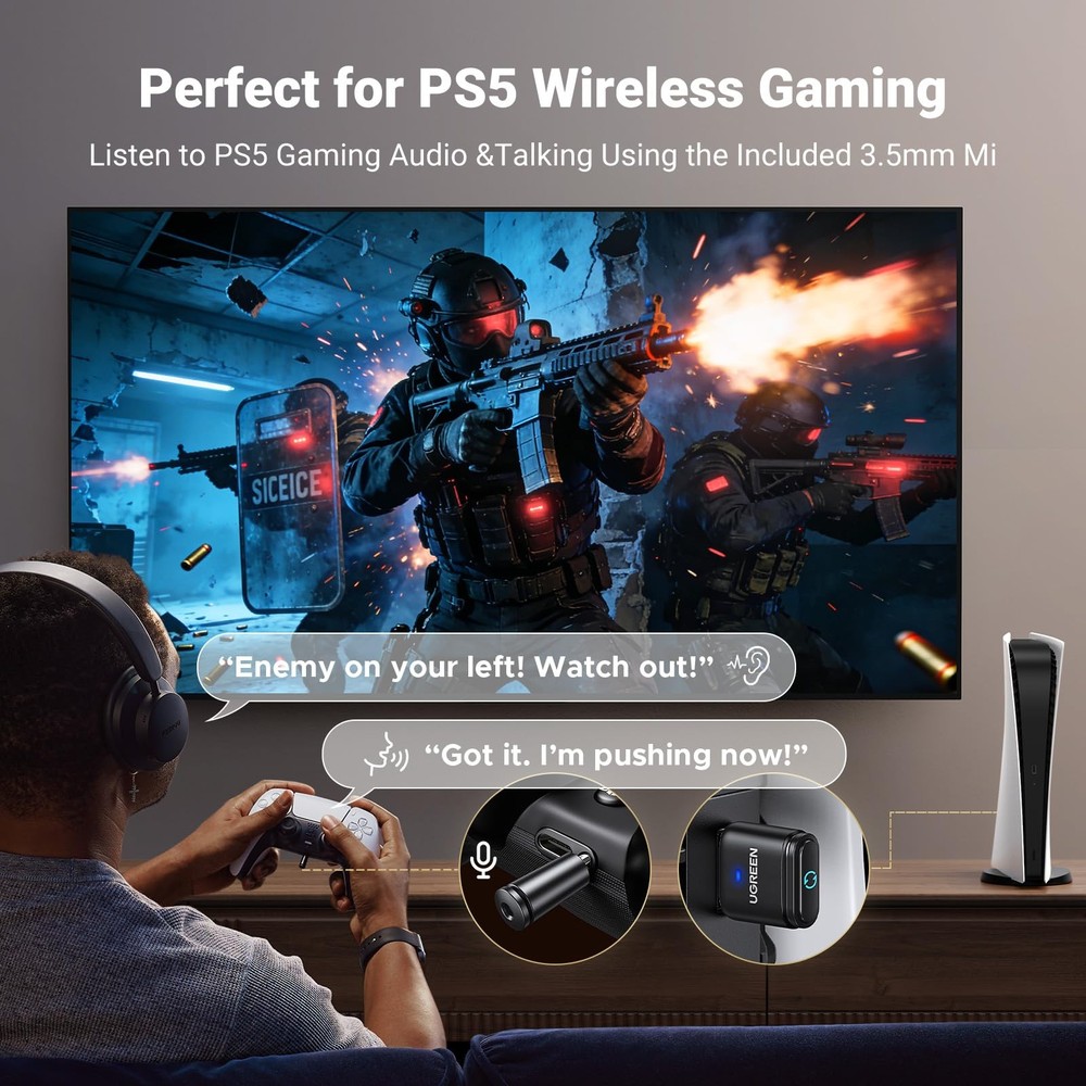 UGREEN Bluetooth 5.3 Adapter for PS4 PS5 USB Audio Transmitter APTX...