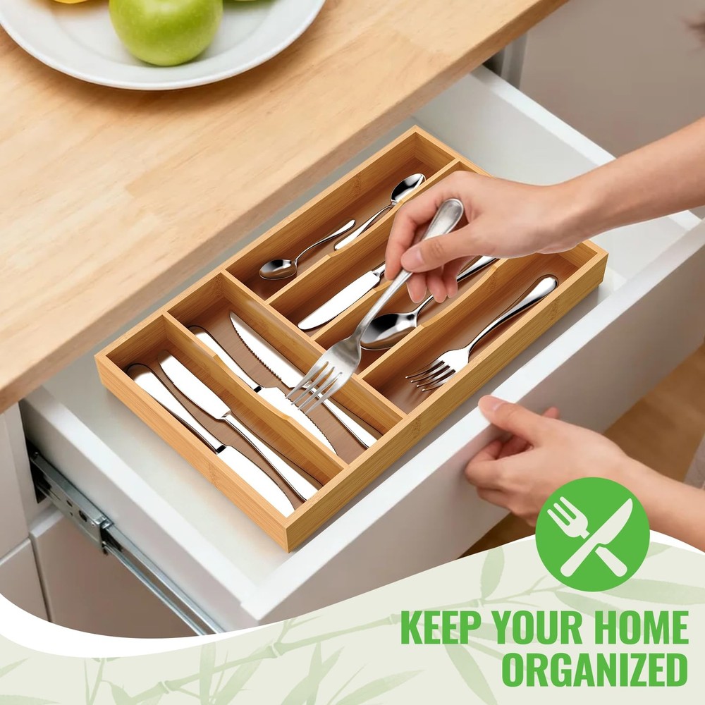 Bayting Bamboo Silverware Organizer, Kitchen Drawer Medium,