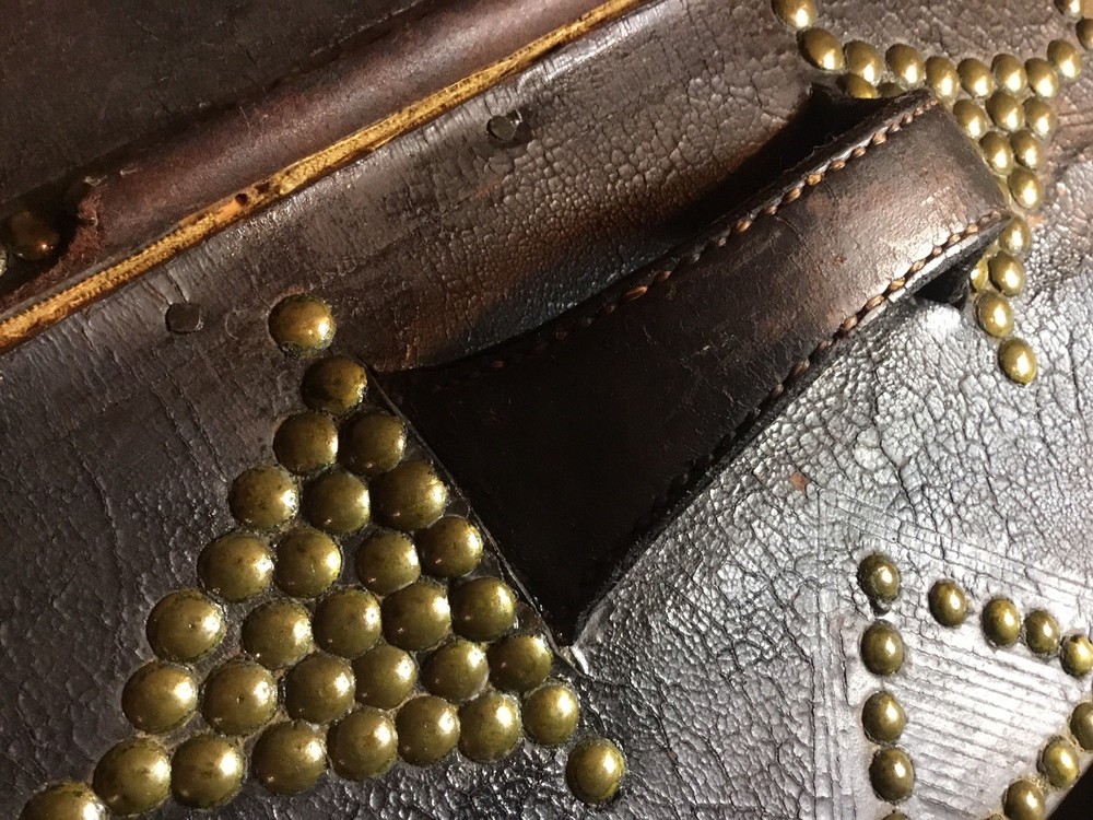 AUTHENTIC ANTIQUE PORTUGESE STUDDED LEATHER STORAGE TRUNK