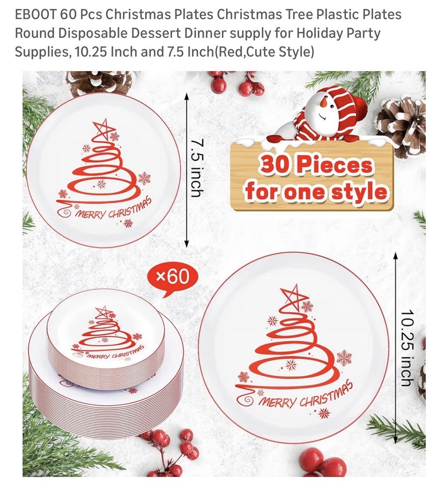 EBOOT 60pc Christmas Tree Plastic Plates 10.25” 7.5”