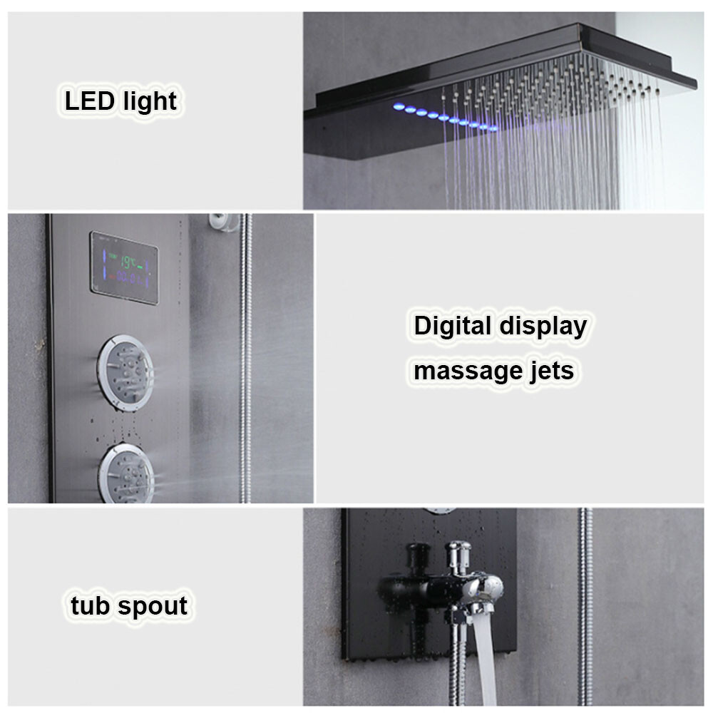 Black LED Rectangle Shower Head Massage Digital Display 4-Way Mixing Valve Panel