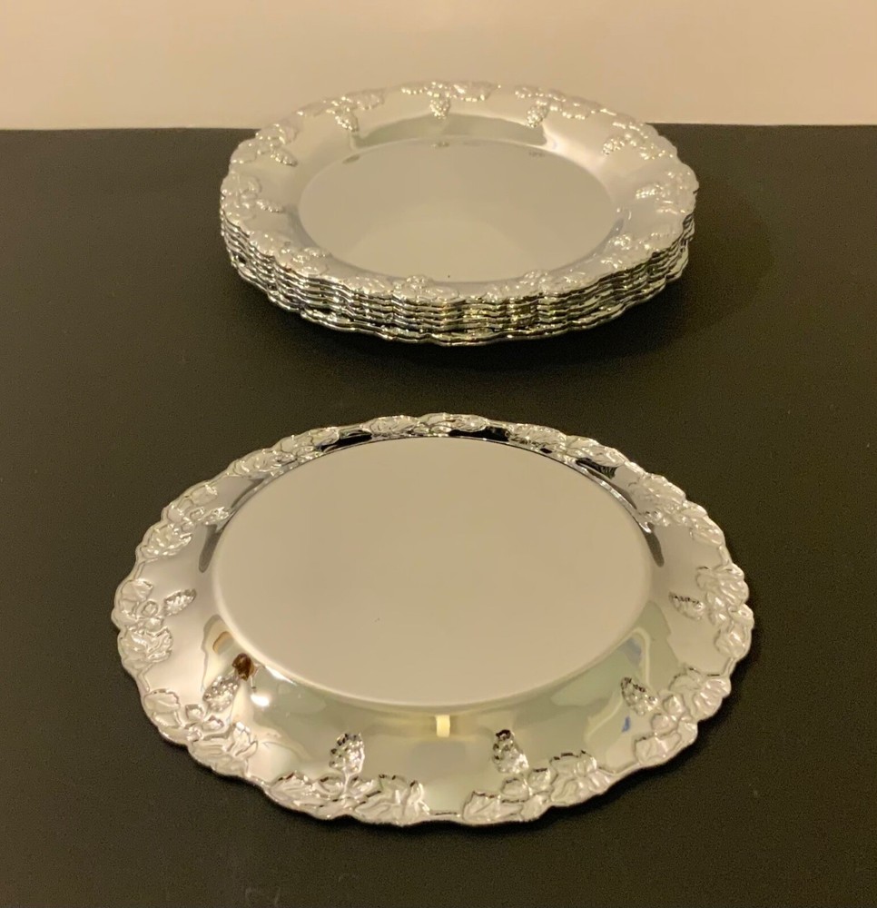 Vintage Silver Plated Coaster Set Of 8 Ornate Grape Pattern