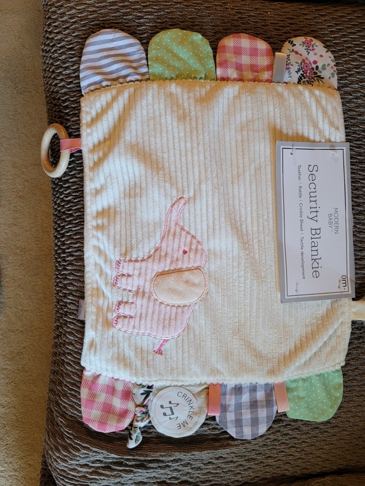 Modern Baby Elephant Security Blankie Teether Rattle Crinkle Sheet Lovie